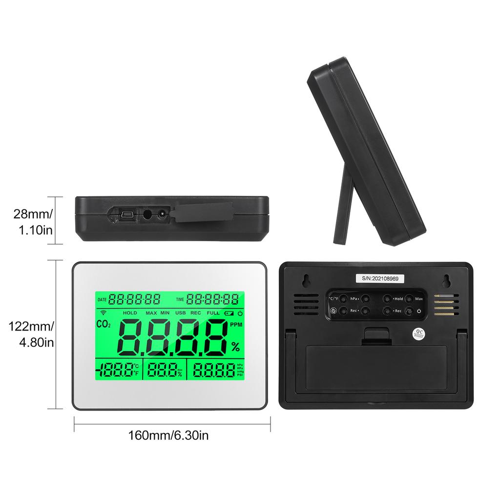 Data Logging Carbon Dioxide Detector Air Quality Monitor Meter with Data Logging Clock Function