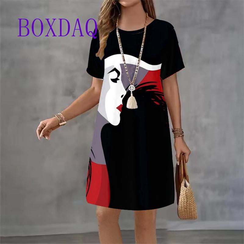 Fashion Black White Portrait Girl Printed Women's Dress 2025 New Summer Sundress Short Sleeve O-neck Loose Casual Mini Dress