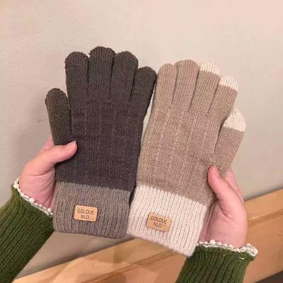 Warm Gloves Women's Autumn and Winter Camel Wool Knitted Outdoor Antifreeze Velvet Thickened Cute
