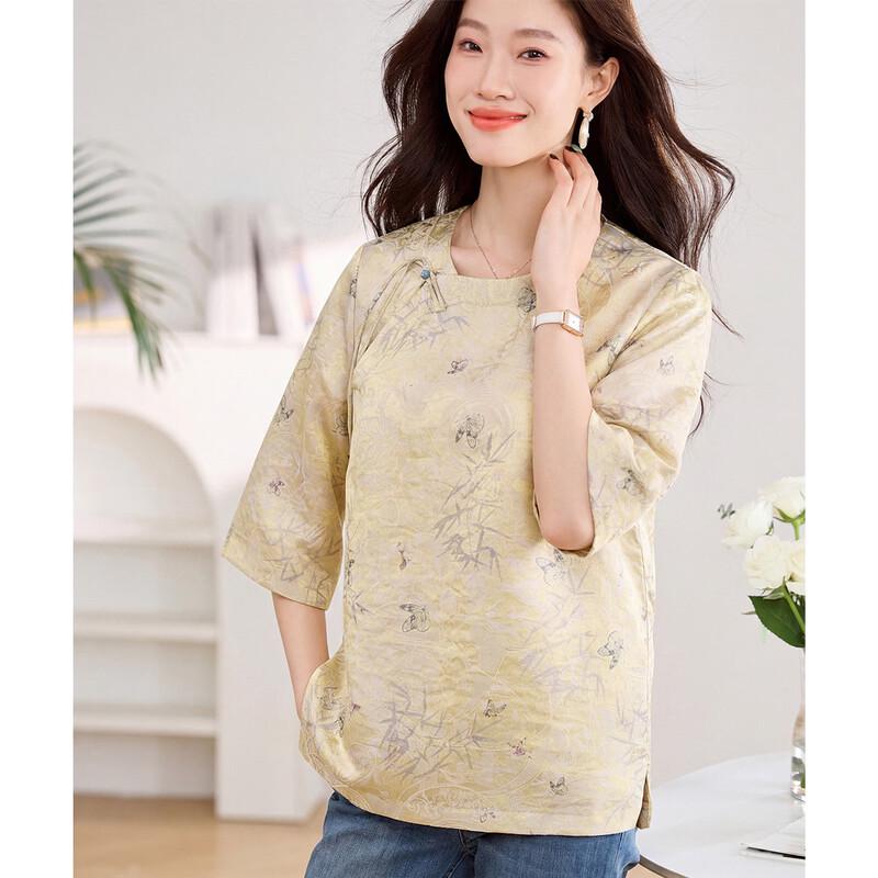 ORIGIN Women's Chinese Style Printed Round Neck Mid-Sleeve Shirt