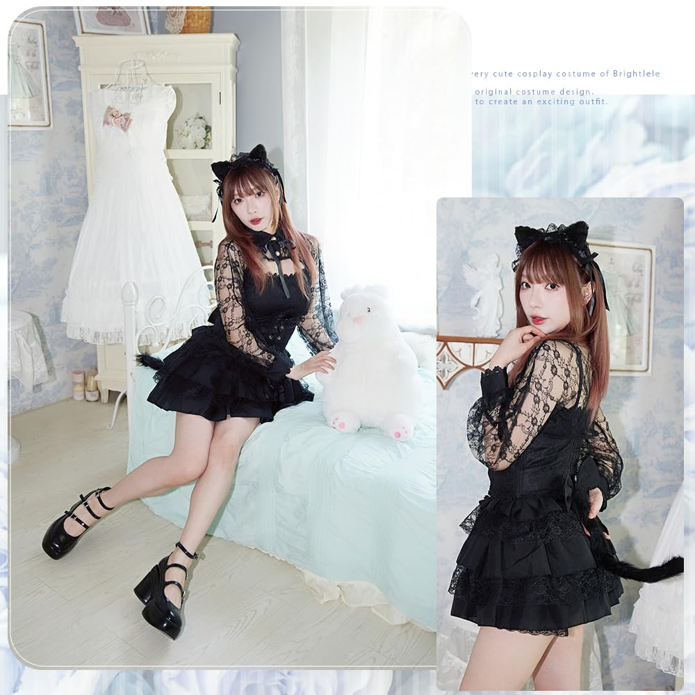 Brightlara Halloween Cosplay Cat White Black Costume, Cat, Cat, Women's, cos074-BK-L