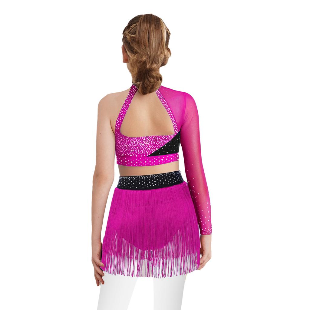 Girls Latin Dance Performance Costume One Shoulder Crop Top Rhinestones Tassel Skirt Set