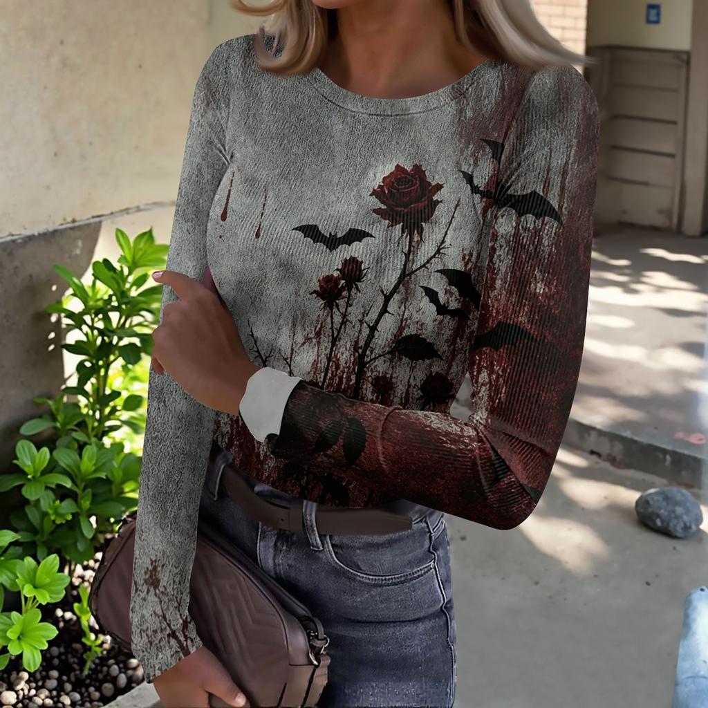 Womens Halloween Print Long Sleeve T Shirt Slim Fit Round Neck Casual Stretchy Basic Top for Autumn Winter