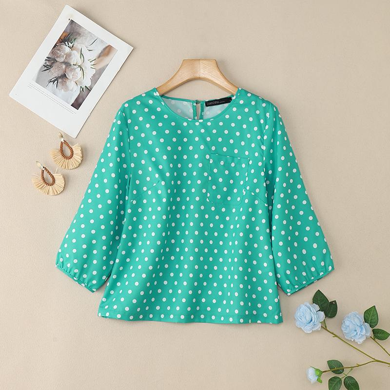 

ZANZEA Женская повседневная блузка с круглым вырезом и рукавами 3/4 свободного кроя с принтом в горошек S зелёный