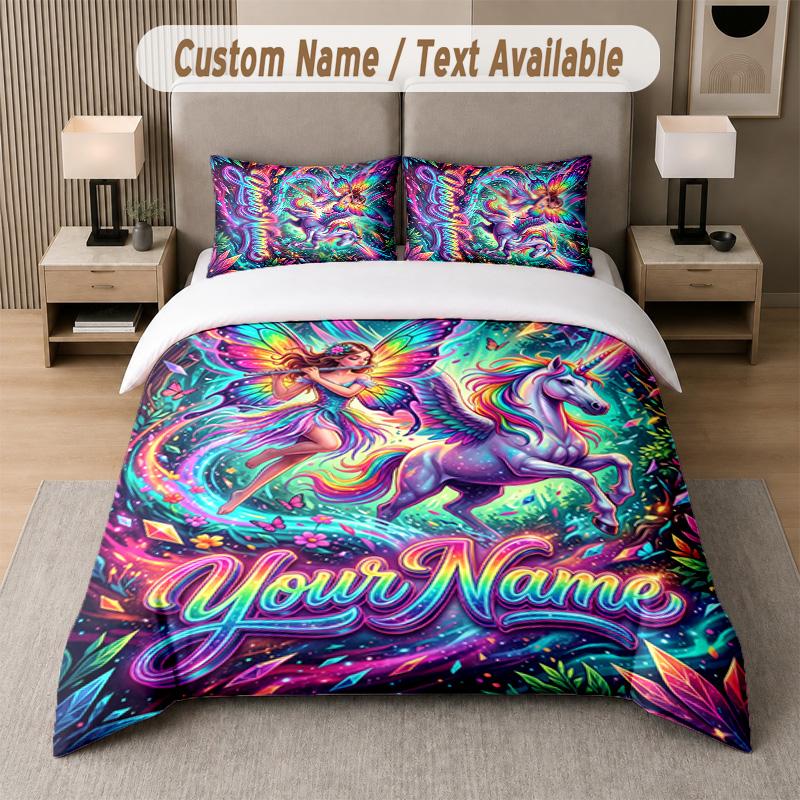 Unicorn Theme Custom Text Or Name 3Pcs Bedding Set 1 Flat Sheet & 2 Pillowcases Personalized Home Bedding