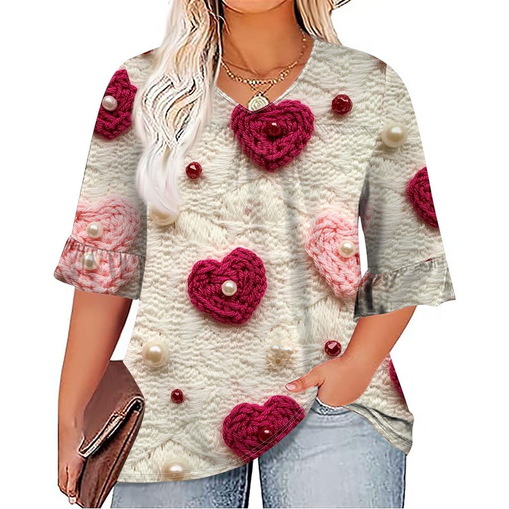Women's Fashion Casual  Printed V-Neck Pleated Seven Minute Sleeve Ruffle Sleeve T-Shirt Plus Size Tops