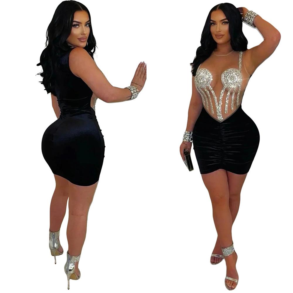 CY901108 European and American Women's Clothing Hot Diamond Mesh Stitching Velvet Hip-wrapped Short Sexy Dress