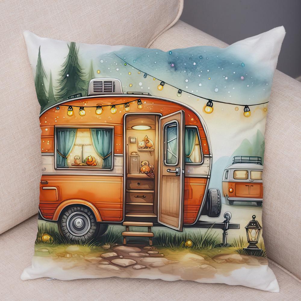 Happy Campers Pillow Case Double Print Decor Cartoon House Travel Car Cushion Cover for Sofa Home Soft Plush Pillowcase