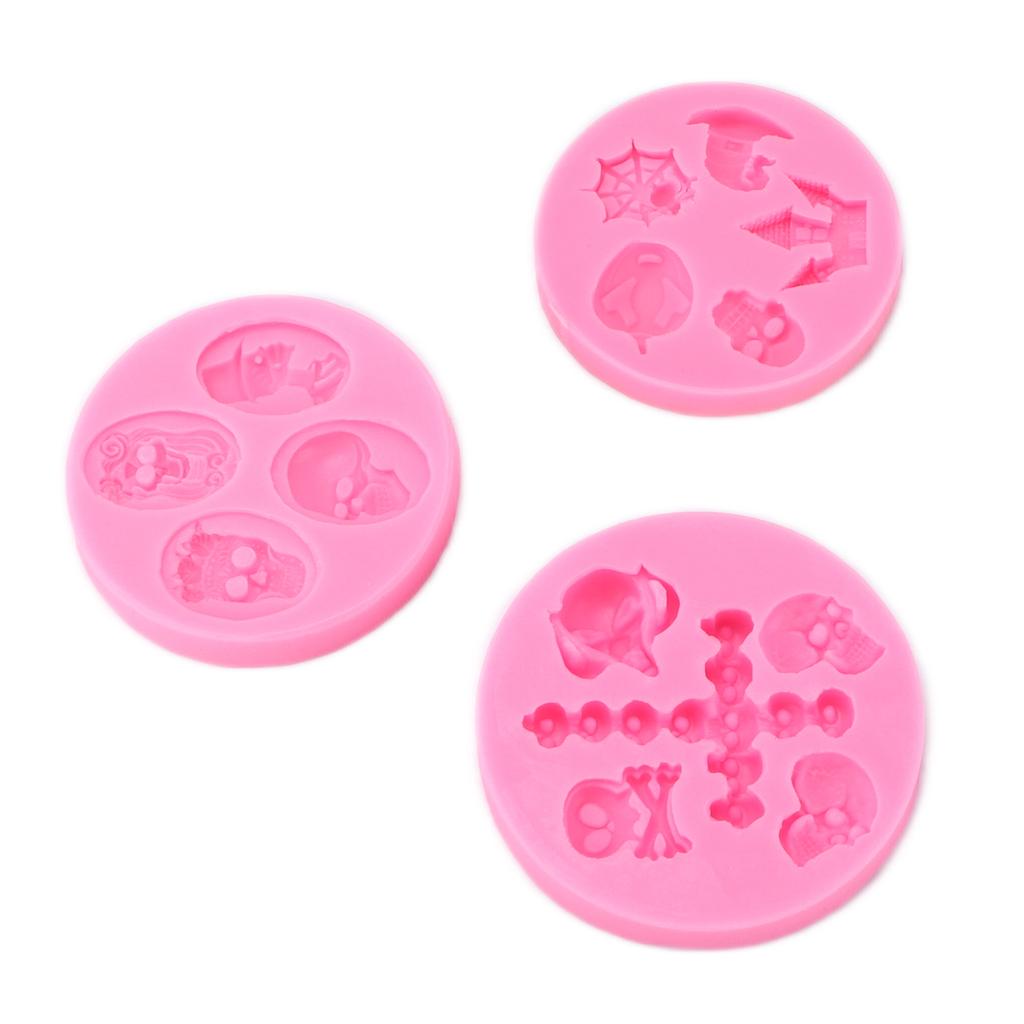 3Pcs Halloween Silicone Mold Skull Castle Mask Shape Resilient Durable Nonstick Halloween Fondant Molds