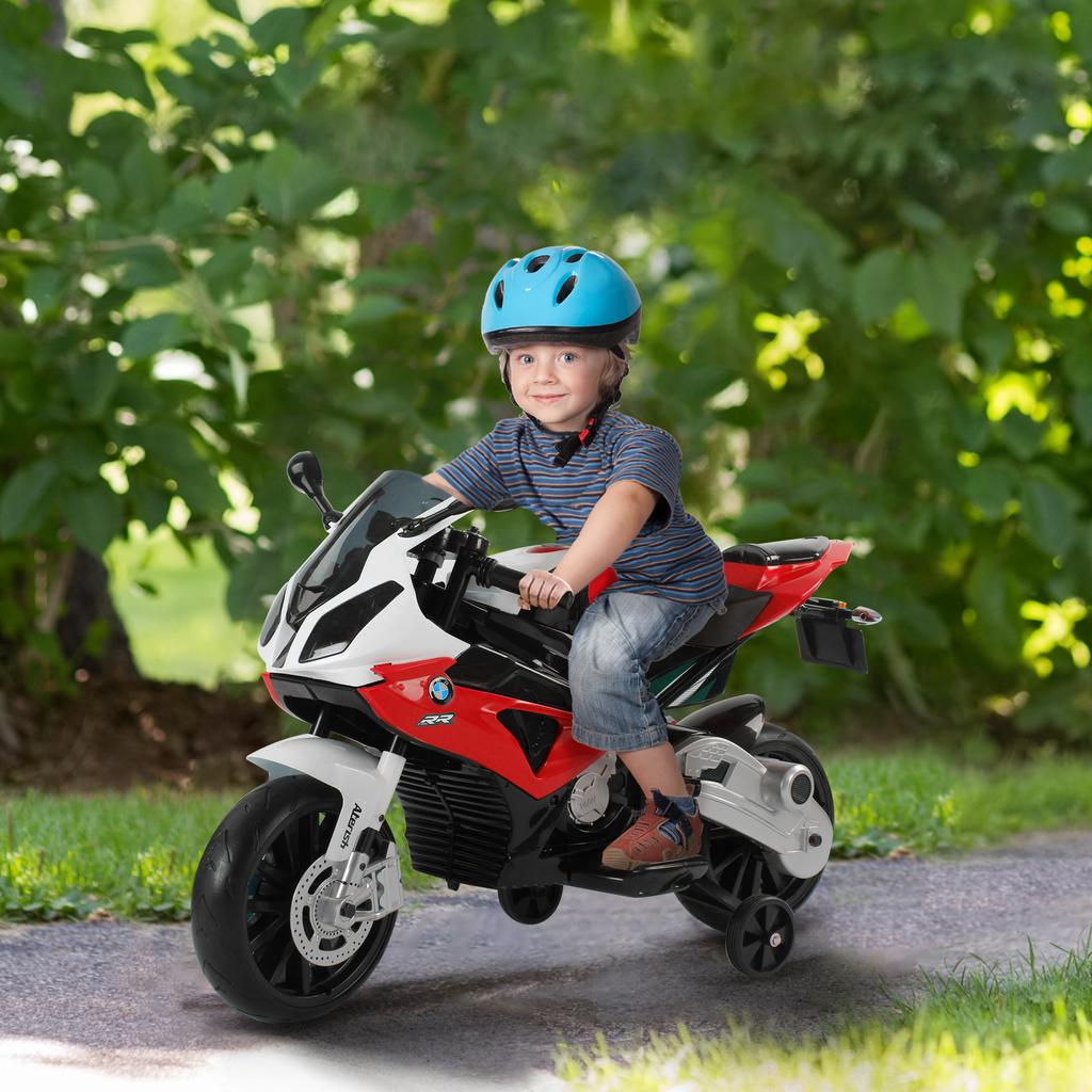 Motocicletta Elettrica per Bambini 3-8 Anni con Licenza BMW, Batteria 12V, Rotelle Ausiliarie e Luci, 110x47x69 cm