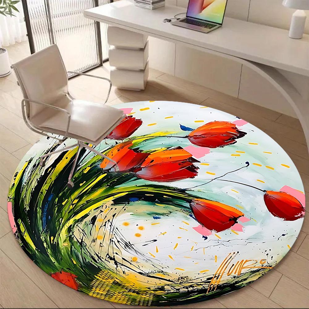 1PC Floral Abstract Office Round Area Rug, Mat Suitable For Office, Under Office Chairs Bedroom Living Room Home Decor, Room Deco