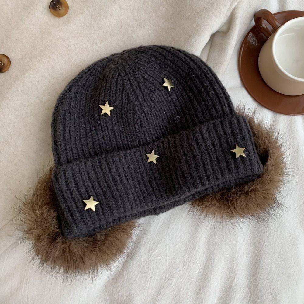 Ear Protection Star Knitted Beanie Hat Cuffed Design Thick Warm Beanie Outdoor Wear