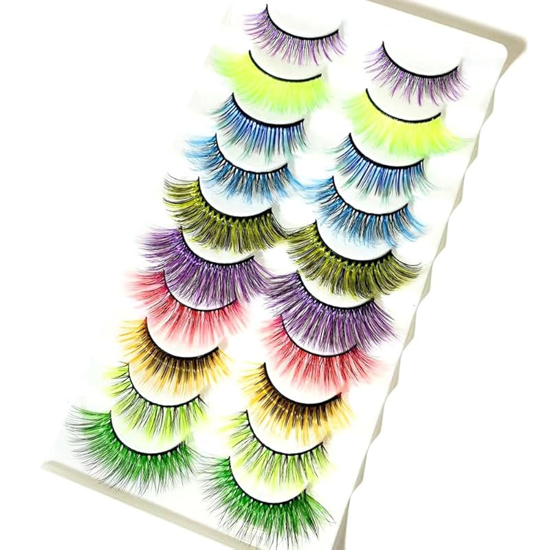 Sunniess Ombre Colored Lashes Silk Protein Fluffy Wispy Volume Fake Lashes for Halloweens Cosplay Party Stage Russian D Curl Lashes with Color Make