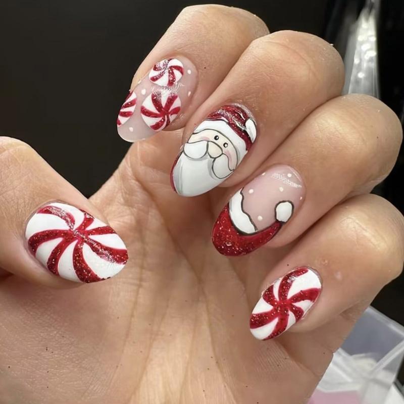 24Pcs Christmas Press On Nail Snowflake Design Full Cover Acrylic False Nail Stick on Nail Women’s Nail Accessories 1