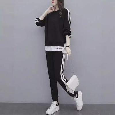 Plus-Size Women's Casual Sports Suit: Fashionable 2-Piece Set with Sweater and Pants for Spring/Autumn, Trendy and Slimming Design.