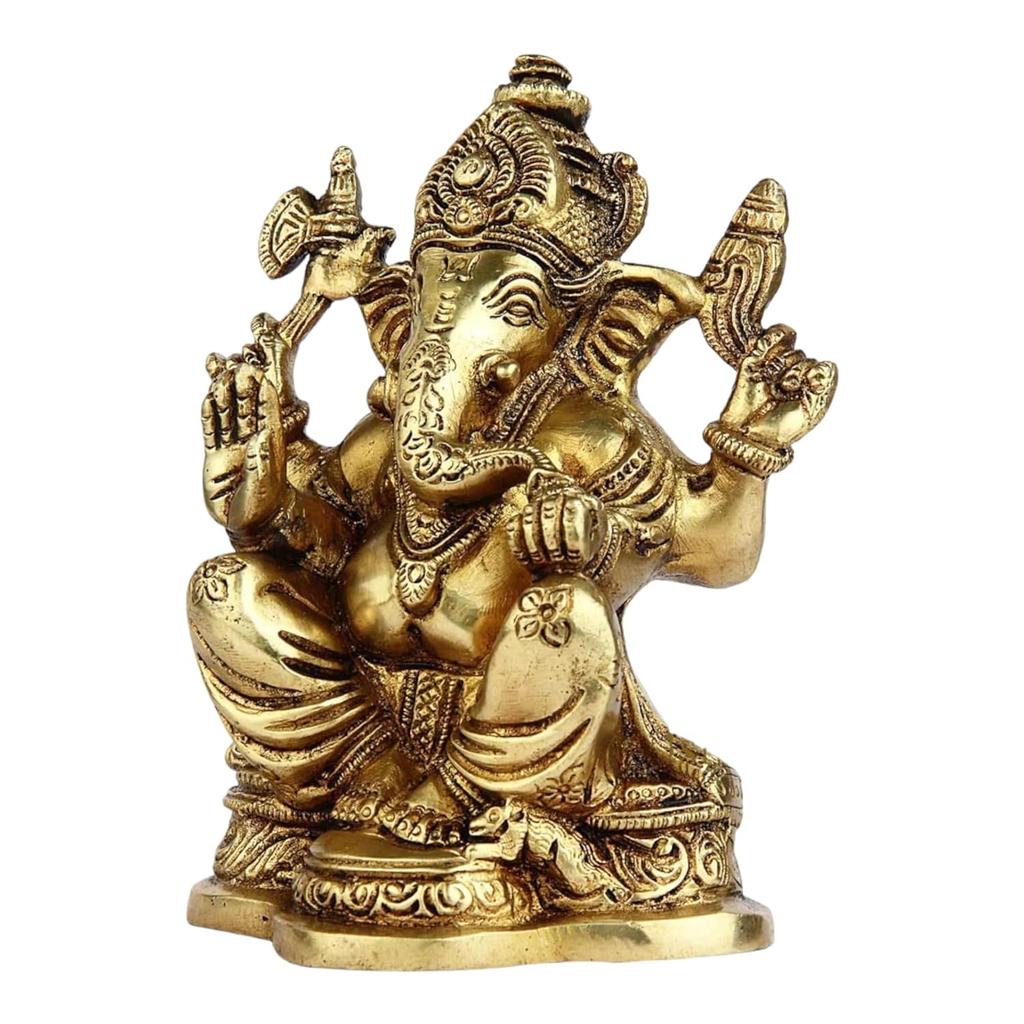 Ashtadhatu Brass Lord Ganesh Idol, Ganpati, Gajanan Murti, Golden - 6 Inch