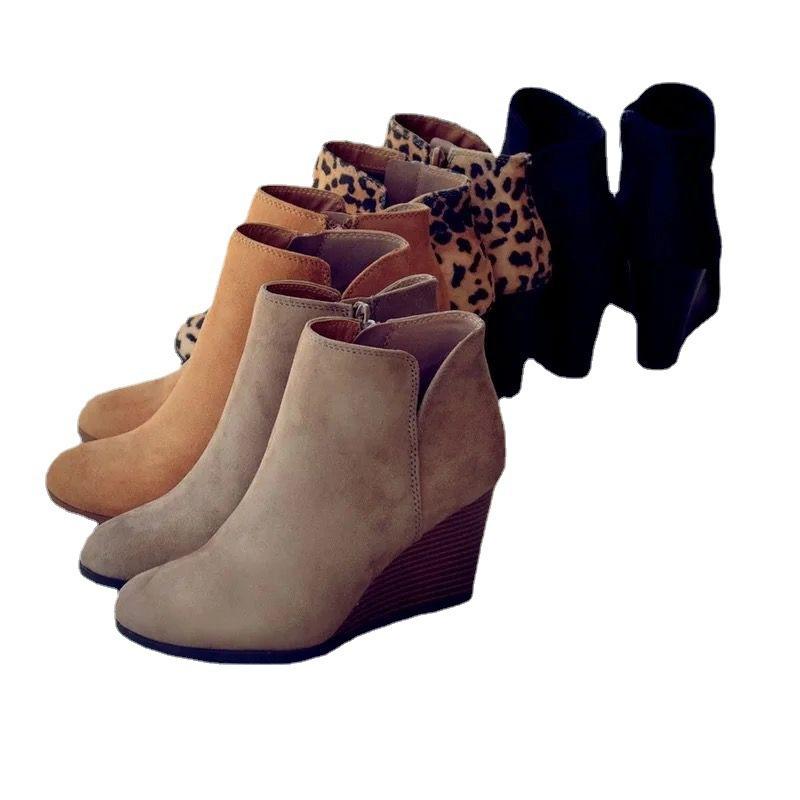 Leather autumn new women's short boots large size wedge heel high heel women's boots in stock