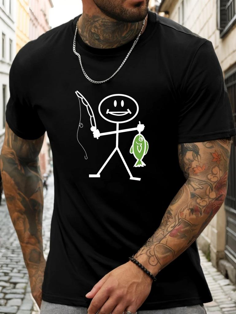 Summer Men's Round Neck Short Sleeve T-Shirt Cartoon Sketches Print Fashion Street Versatile Quick Drying Daily Mens Clothing