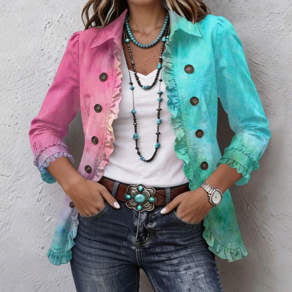 Women's Fashion Gradient Print Long Sleeve Ruffle Button Down Shirt Jacket for Casual Wear