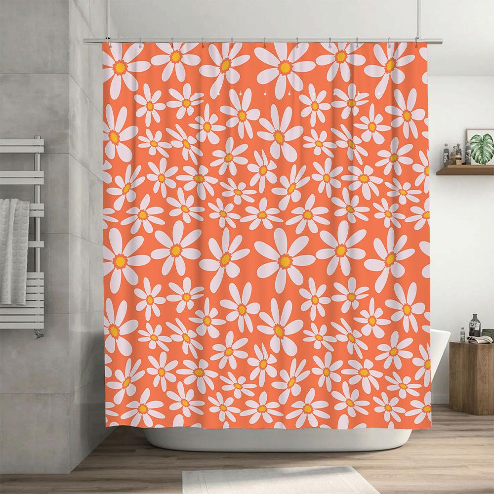 Blommigt duschdraperi Orange Vit Daisy Vattentät badrumsdekor 3D-utskrift Tvättbar tyg duschdraperi för badkar