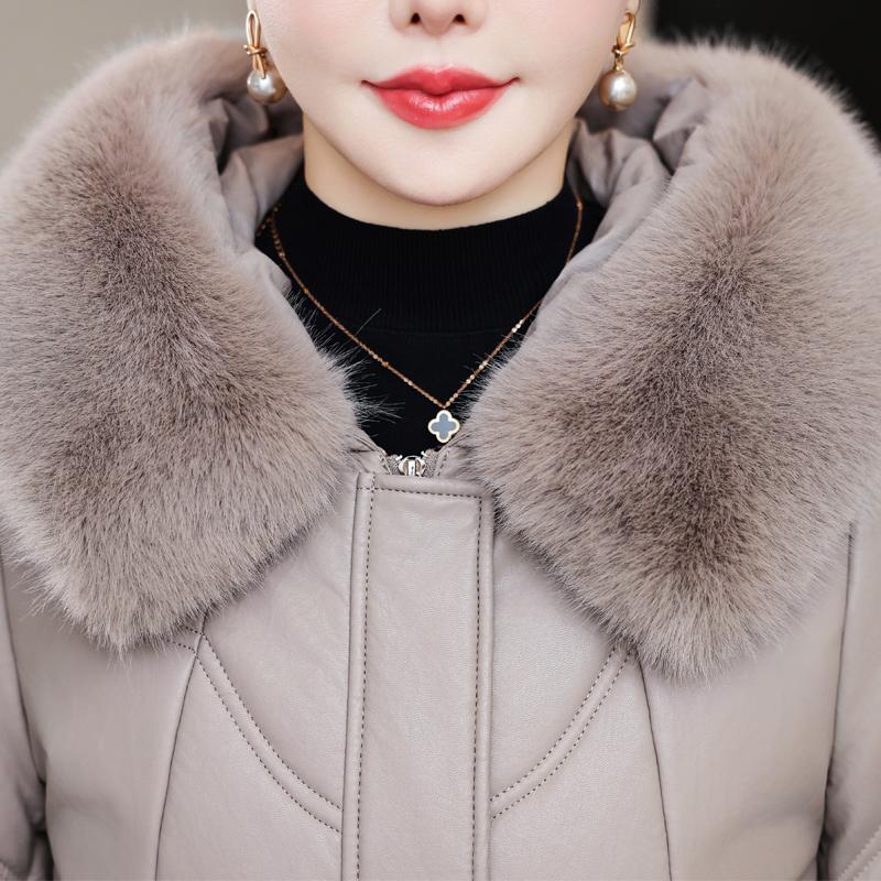 Middelbare leeftijd Vrouw Winter Faux Schapenvacht Jassen Capuchon Bontkraag Elegant Dik Warm Winter Lange Parka's Dames Leren Jas