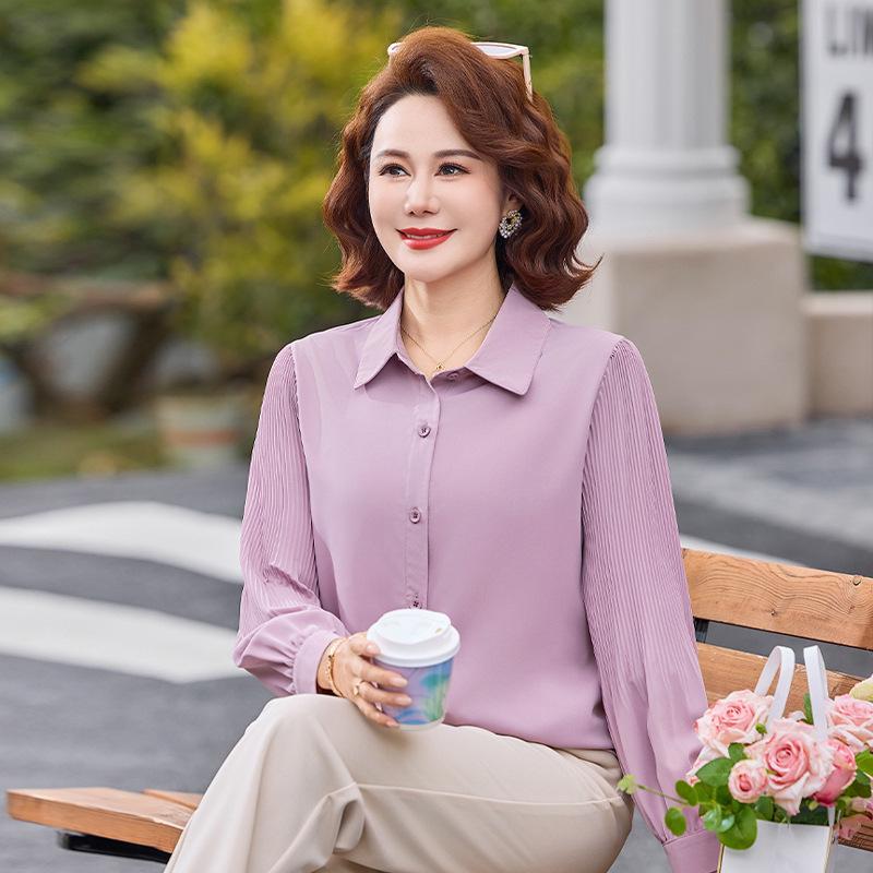 

Stylish Loose Long-Sleeve Lapel Shirt for Middle-Aged Women, Plus Sizes, Spring/Summer 3XL (60-68 kg)