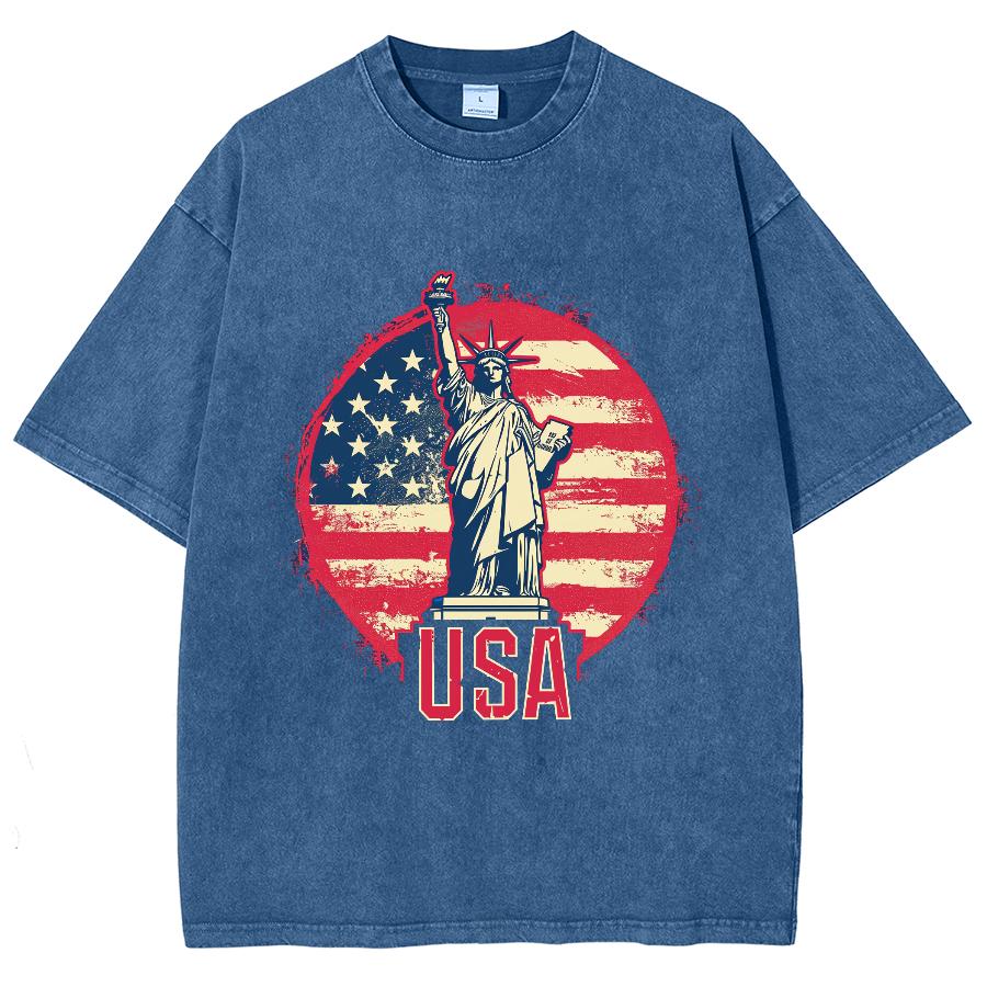 USA American Statue Of Liberty Women's T-Shirt Loose Wash Oversized Short Sleeve Fashion Simple Top