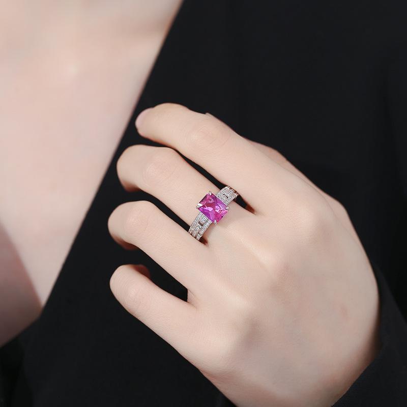 Korean S925 Sterling Silver Ring with Rose Red & Blue Zircon Gemstones, Princess Style