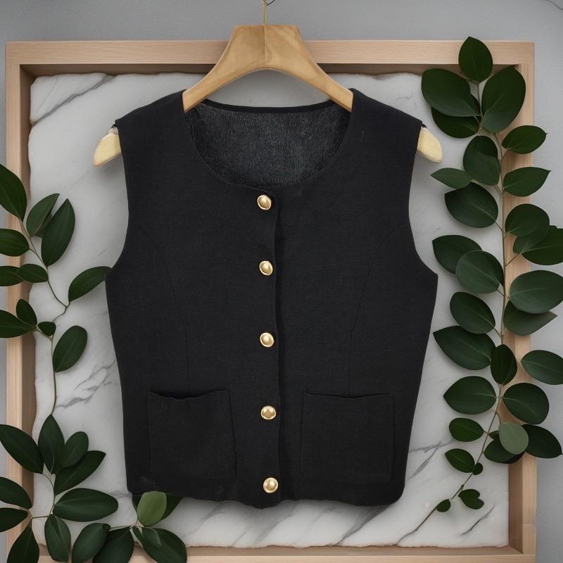 Dames fransk rund hals enkeltspent dobbel lomme ermeløs avslappet strikket vest