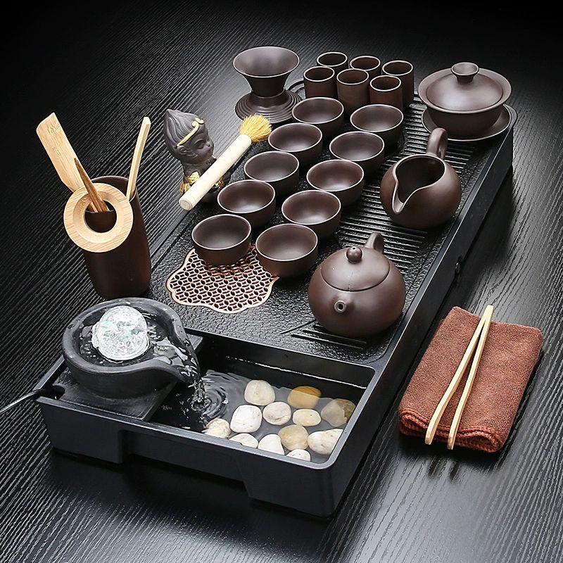 Chinese Zisha Kung Fu Tea Set with Automatic Ceramic Tea Tray