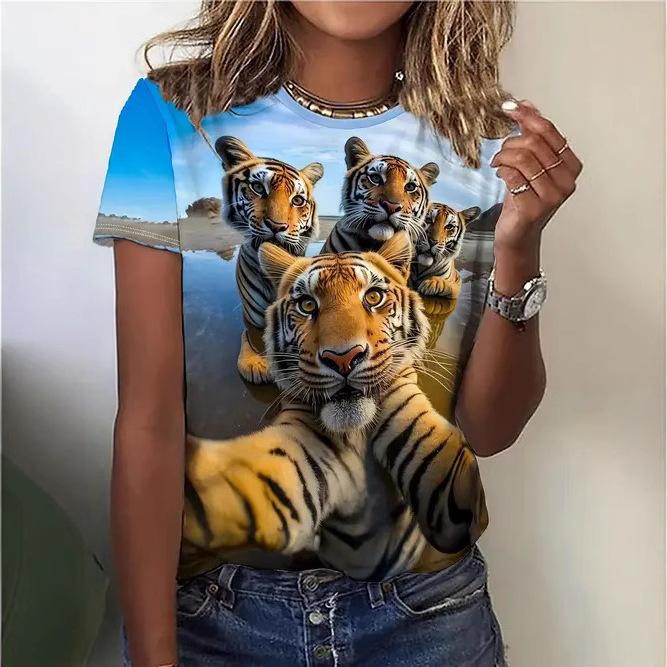 Sommer Rund Hals 3D Dyreprint Topp Moteable Casual Kortarmet Dame T-skjorter