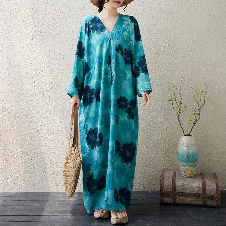 

Vintage Floral Print Plus Size Maxi Dress Spring Oversize Long Sleeve Loose Casual Long Dress Women One Size