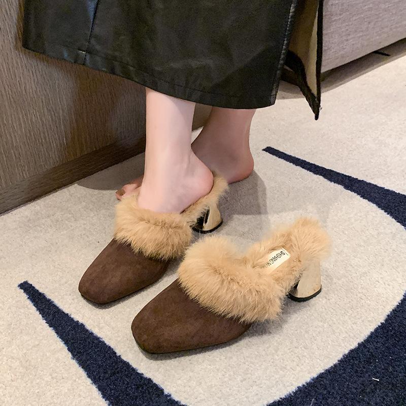 Baotou Large Size Autumn and Winter Velvet Square Head Slippers Suede Solid Color Thick Heel Fluffy Shoes Lazy Shoes Casual Fashion Women's Drag