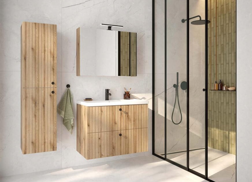 Bathroom Cabinet with Mirror , Oak Evoke, with Glass Shelves Rietti