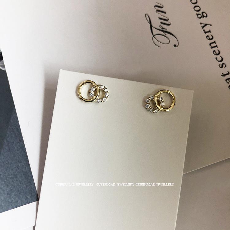 Gold-Plated 925 Sterling Silver Diamond Stud Earrings for Women - Double Round, Small, Versatile & Cute Gold Pair (Includes Silver Earplugs)
