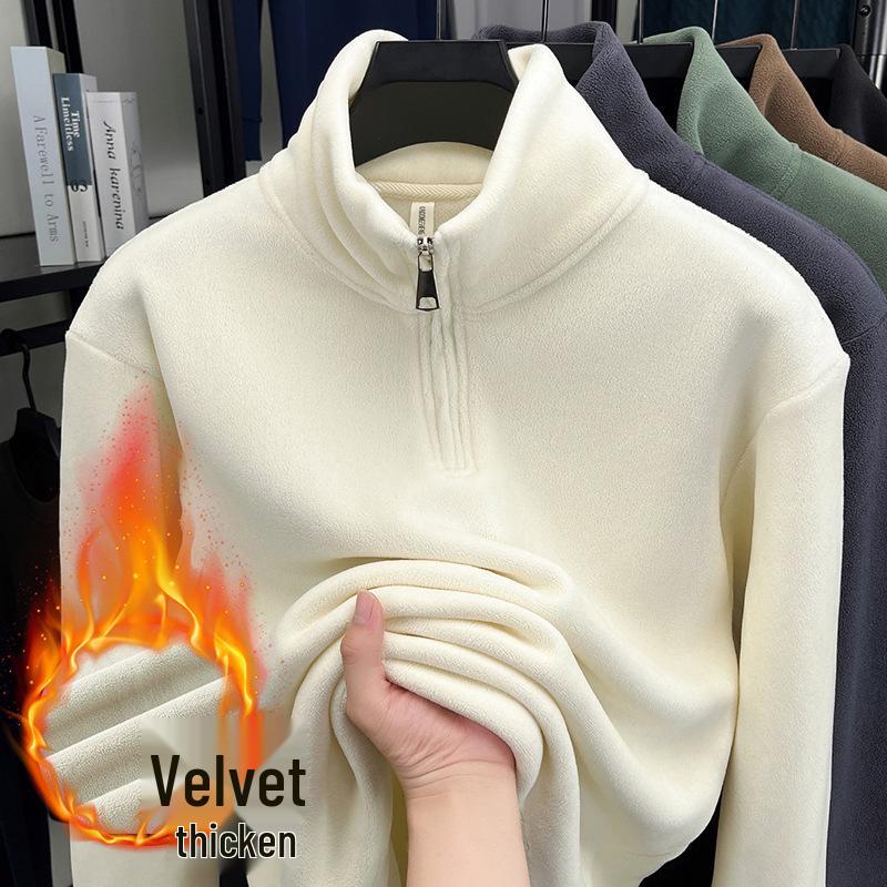 Men's Half-Zip Thick Fleece Hoodie, Stand-Up Collar, Solid Color, Versatile High-End Winter Sweater
