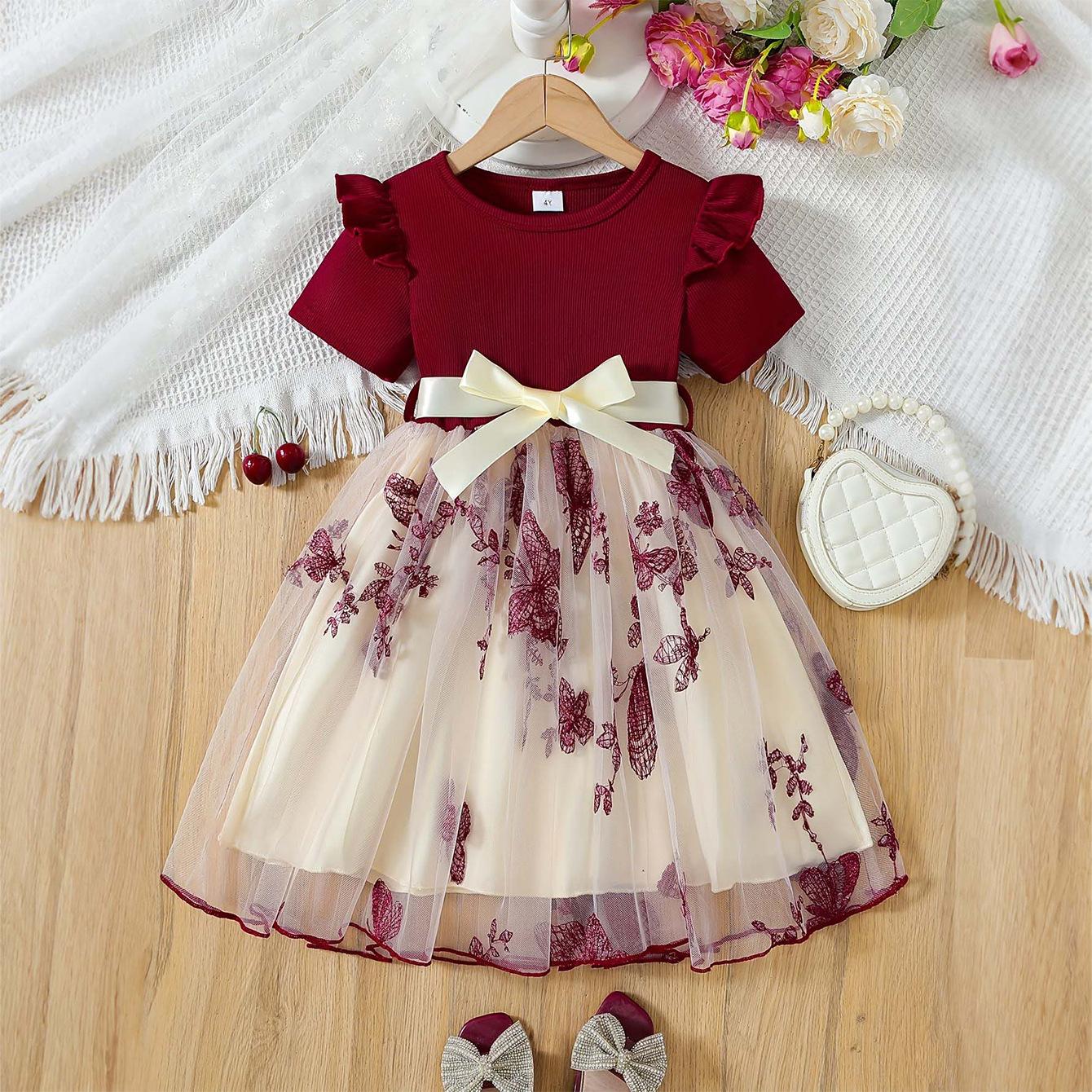 Infant Girls Summer Short Sleeve Ribbed Embroidered Tulle Princess Dress Elegant Casual Daily Wear Party Dress 3-4Y бордовый