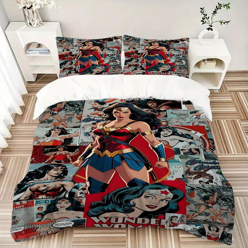 3pcs Wonder Woman Bedding Set, Soft Polyester Duvet Cover and Pillowcases Machine Washable Seasons all suitable & Guest Room Decor331