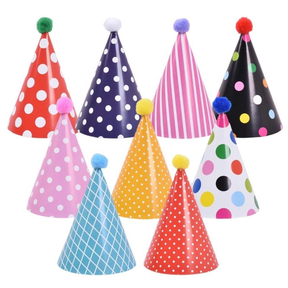 Stippen Verjaardagsfeest Hoeden Kleurrijk met Pompoms Feest Kegelhoeden DIY Handgemaakte Papieren Verjaardag Kroon Hoed Babyborrel