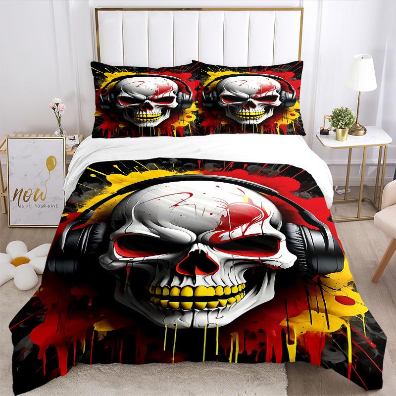 3pcs Headphones of Death Pattern Bedding Three-Piece Set (1 Cover + 2 Pillowcases, No Fillings), This Printed Bedding Set Is