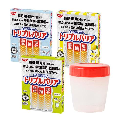 Nissin Foods Triple Barrier Psyllium Powder, 3 Flavors, Assorted, 5 Sticks Per Box, 3 Boxes (Green Apple, Lemon, and Plain), Includes Shaker. Fat, Sug