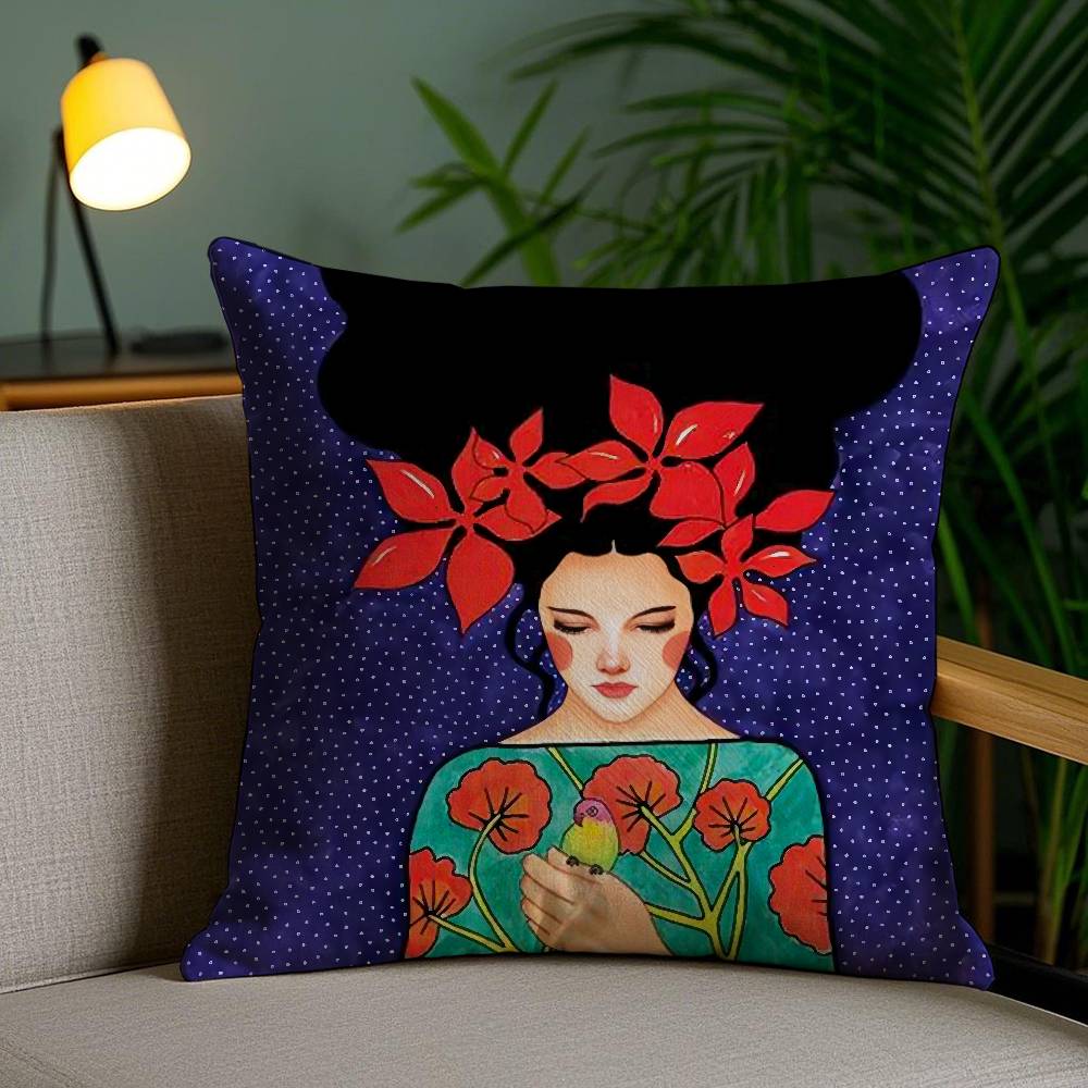 1Pc Vintage Abstract Girl Hair Flower Pillow Case Plush Fabric Soft Double Sided Print Sofa Cushion Cover Throw Pillow Covers