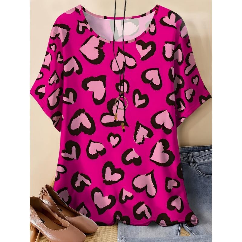 Vintage Sommer Damen T-Shirt Herzförmiger Aufdruck Locker Lässig Große Größen Kurzarm Rundhals T-Shirts 2026 Y2k Damenbekleidung