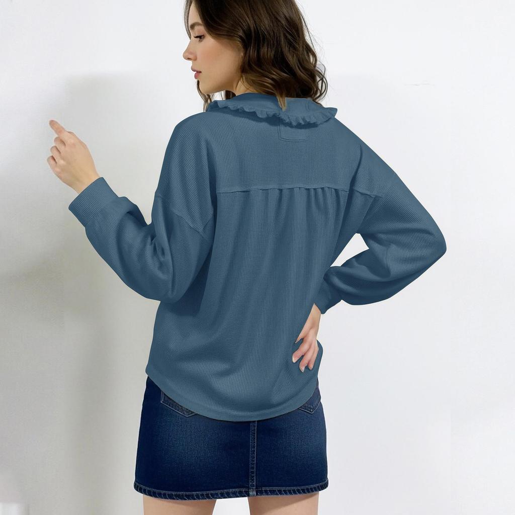 European & American Sweet Style Doll Collar Waffle Knit Long Sleeve Women's Shirt - New Spring Solid Color Design