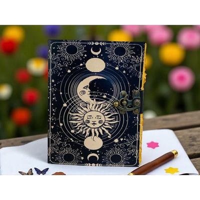 Sun & Moon Print Handmade Leather Journal – Vintage Spell Book with Deckle Edge Paper