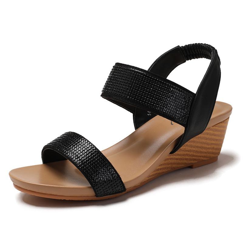 

Fashion 2025 Bohemian Ethnic Style Sandals Fashionable Rhinestone Decoration Comfortable 5CM Wedge Versatile Sandals Zapatos De Mujer 36 чёрный