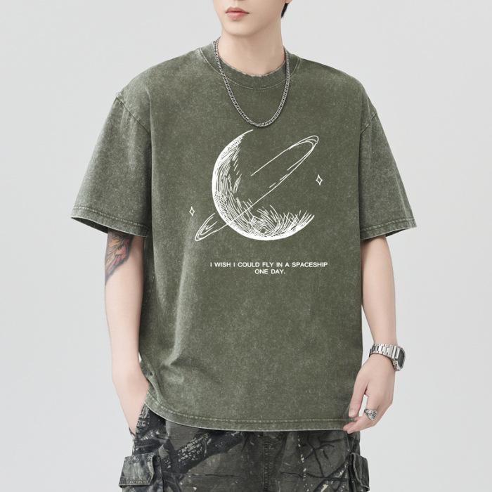 230g Ciężko Prana Wodą Smażona Płatek Śniegu Luźny Krój Bawełniany T-shirt Krótki Rękaw Cienki Drukowany Krótki T-shirt