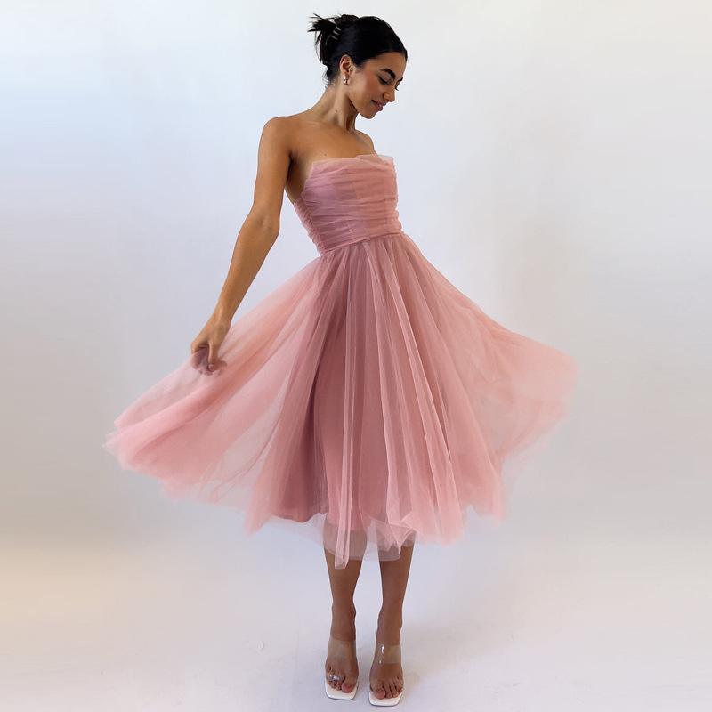 Nuovo Vestito Tubolare Senza Maniche in Rete con Stecche di Pesce Gonna a Vita A-Line da Donna Vestito per Festa di Compleanno Primaverile