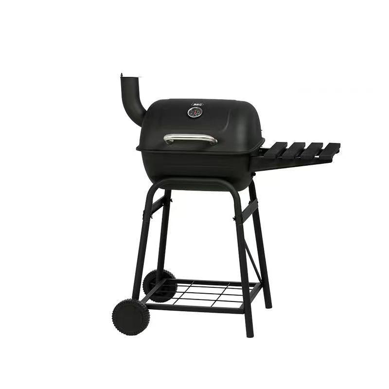 

Барбекю на відкритому повітрі в стилі димоходу. Садова вугільна піч. Побутова переносна стійка для барбекю. Міні-бочка. Гриль на вугіллі з боковою полицею чорний