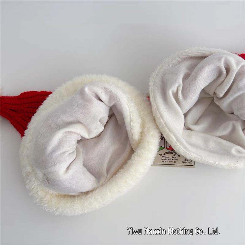 Świąteczna Ciepła Dzianinowa Wełniana Czapka Dziecięca - Czerwony Plusz na Boże Narodzenie i Nowy Rok